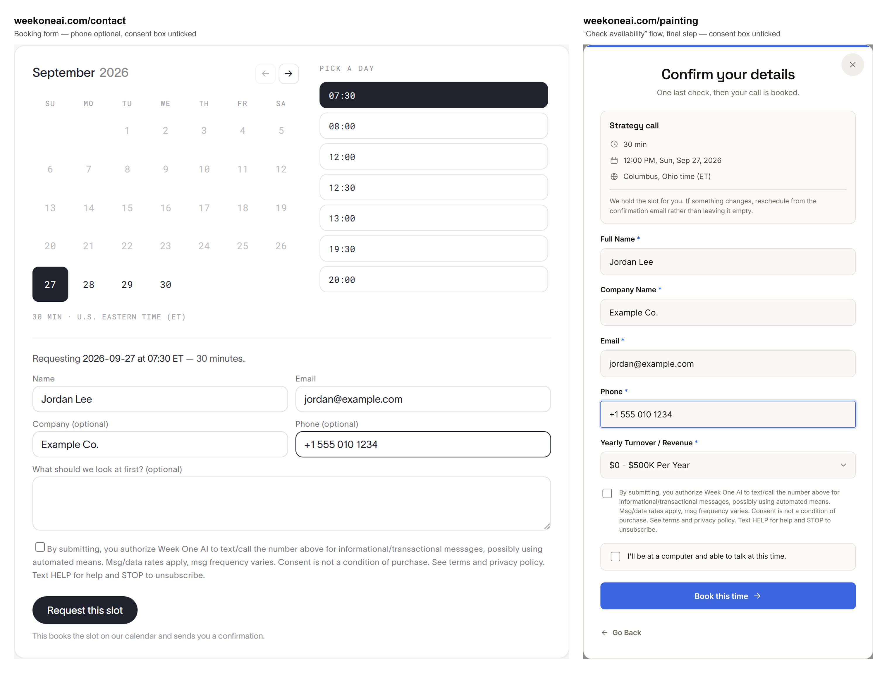 Both Week One AI booking forms side by side — the Contact page form and the final step of the Check availability flow on the painting landing page — each showing the Phone field and the unticked consent checkbox authorizing customer-care text messages.